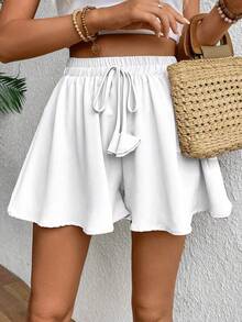 Breezaya Quần short nữ màu trơn, cạp chun, kiểu dáng thường ngày, thích hợp cho mùa hè. - trắng - Xem 4