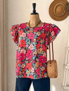 Rusticease Plus Size Women Floral Print Round Neck Ruffle Sleeve Loose Blouse For Summer/Flower/ Vacation Summer Top Summer Summer Spring Spring Women Spring Country Style For Women - Multicolor - View 7