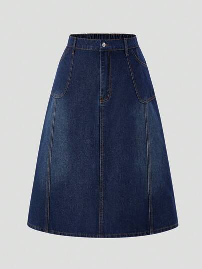 SHEIN MOD Plus Size Women's Fashion Mid-Length Denim Skirt Summer Outfits For Women Spring Clothes Women Easter Skirt Festival Outfits For Women Beach Outfits For Women Graduation Skirt Elegant Skirt For Women Casual Skirt For Women Vacation Outfits Women Summer Holiday Outfits Beach Vacation Outfits For Women  Blue Skirt Womens Classic Dark Wash Denim A Line Midi Skirt With Elastic Waist Casual Everyday Style