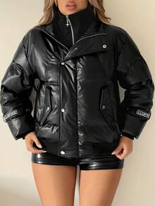 SHEIN ICON 冬季优质金属立领短款加厚棉服 - 黑色 - 查看 1