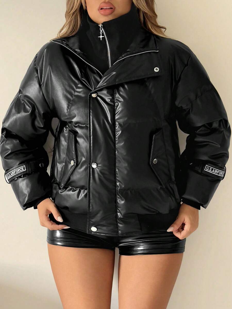 SHEIN ICON 冬季优质金属立领短款加厚棉服 - 黑色 - 查看 1