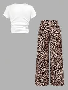 SHEIN Girlism Tween Girl Casual Street Fashion White T-Shirt With Leopard Print Bow Design & Leopard Print Pants Set - White - View 2