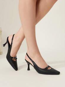 CUCCOO CHICEST Women's Outdoor Round Toe Stiletto Buckle Decor PU Leather Shoes, Fashionable Minimalist Comfortable For Daily, Party, Banquet, Slip-On Backless Pumps Elegant Shoes Wedding Shoes - Black - View 1