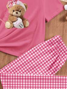 Cute Bear Plaid Pattern, Young Girls Casual Slim Fit Round Neck Short Sleeve Pants Pajamas Set, Suitable For Summer - Multicolor - View 5