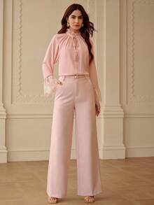 ZEYLAH Bộ đồ 2 mảnh thanh lịch dành cho nữ, gồm áo tay dài phối ren tương phản, cổ bèo nhún và quần dài, thích hợp cho mùa xuân/hè. - Hồng - Xem 5