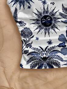 Soleia Casual Vacation Style Blue Sun God Allover Print Women Top, Suitable For Spring/Summer, Vacation Style Spring - Multicolor - View 3