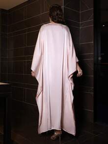 SHEIN Najma Áo Kaftan Thổ Nhĩ Kỳ và áo choàng truyền thống Ả Rập dành cho nữ, cổ tròn, tua rua, thắt nơ, đính cườm, tay dài, chất liệu satin, dáng xòe. - Hồng - Xem 5