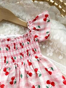 女婴可爱休闲粉色格子樱桃图案背带裙 - 粉色 - 查看 3