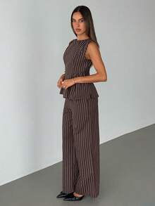 Aloruh Coffee Striped Shirt Top + Straight Leg Pants Elegant Commuter 2 Pieces Set - Coffee Brown - View 4