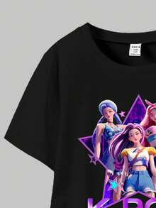 Tween Girl K-Pop Graphic Print Casual Comfortable Black Short Sleeve T-Shirt & Black Flare Pants Set, Suitable For All Seasons, Daily Wear, Outdoor Activities - Black - View 4