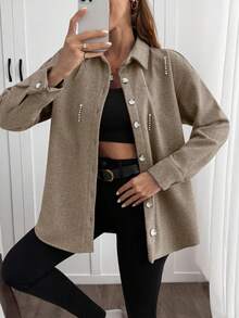 SHEIN Cottnline Solid Color , Rhinestone Details, Over Shirt Jacket - Mocha Brown - View 4