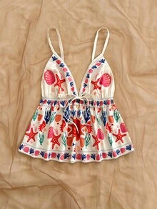 Soleia Women's V-Neck Knotted Design Starfish & Shell Print Casual Versatile Camisole Top - Multicolor - View 3