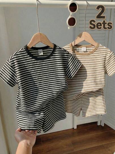 男婴休闲条纹T恤短裤套装，夏季