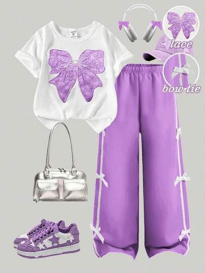 Genkimix Kids Conjunto de 2 piezas para niñas preadolescentes de vuelta al colegio en primavera/verano: Camiseta de manga corta y cuello redondo con bordado de lazo blanco de perla y lazo rojo de encaje, combinada con pantalones casuales rojos con ribete blanco y cintura con cordón. Adecuado para niñas, casual, de moda, para ir al colegio, salidas, fiestas y vacaciones.