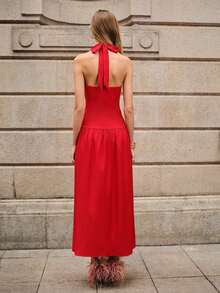 Lumivelle 女士春夏新款针织连衣裙，立领，系带露背，收腰设计，露背镂空，A字梭织裙摆，优雅浪漫风格 - 紅色 - 查看 2