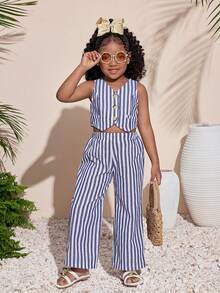 Firerie Kids Firerie Kids Young Girl Commuting Chic Fitted Casual Vacation Striped Vest & Wide Leg Pants 2 Pieces Set - Blue and White - View 3