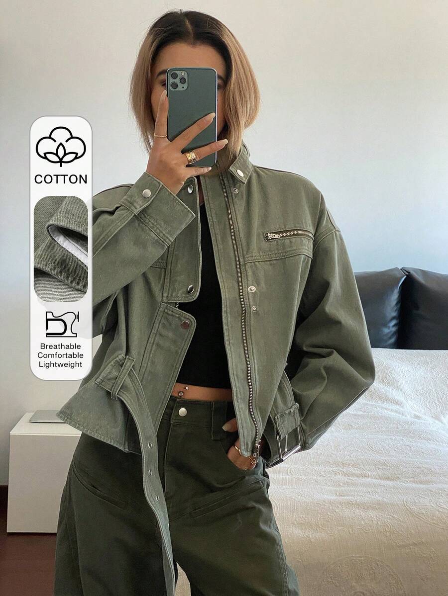 DAZY Women's Stand Collar Open Front Casual Zip-Up Denim Jacket With Multiple Pockets Y2k - Army Green - View 1