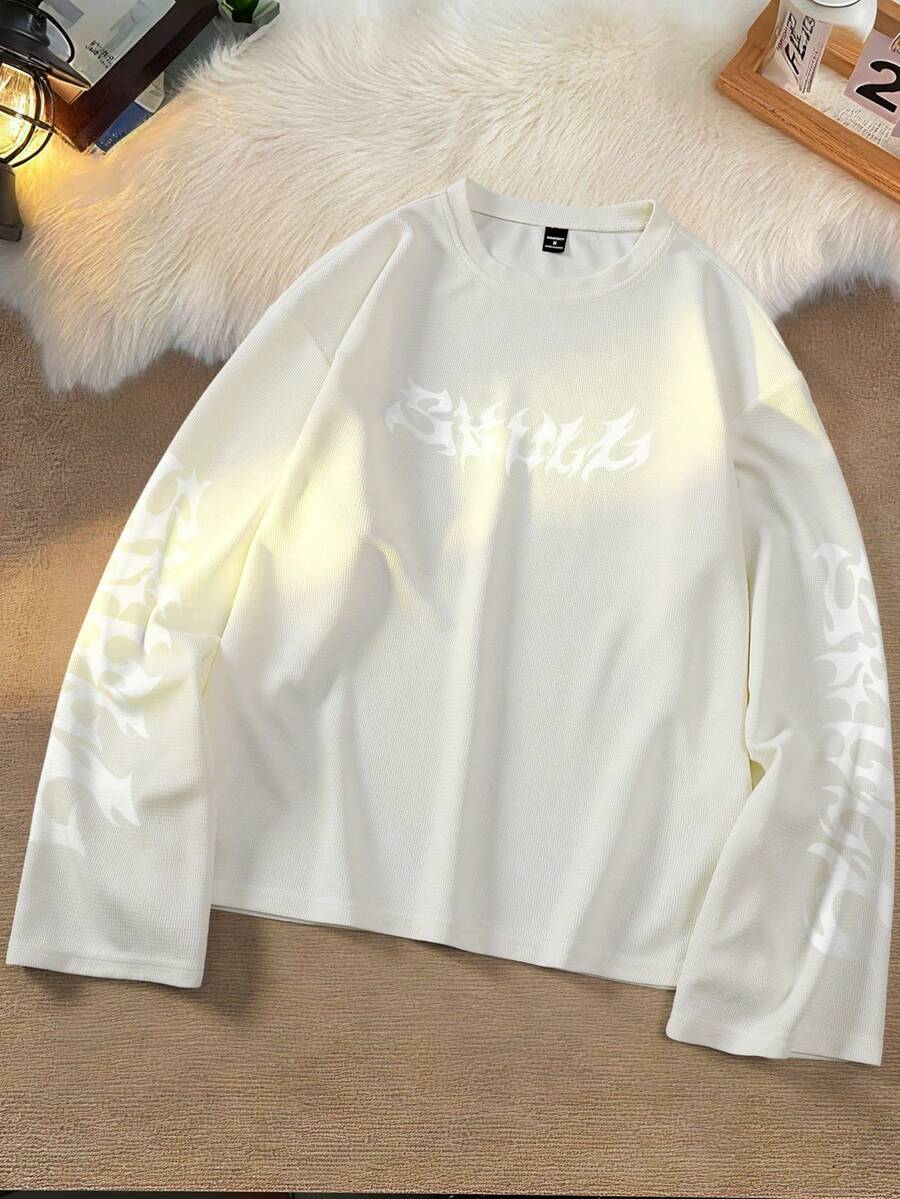 GENIUS ODE Camiseta corta de corte holgado con estampado de letras góticas, estilo urbano para hombres - Beis - Ver 1