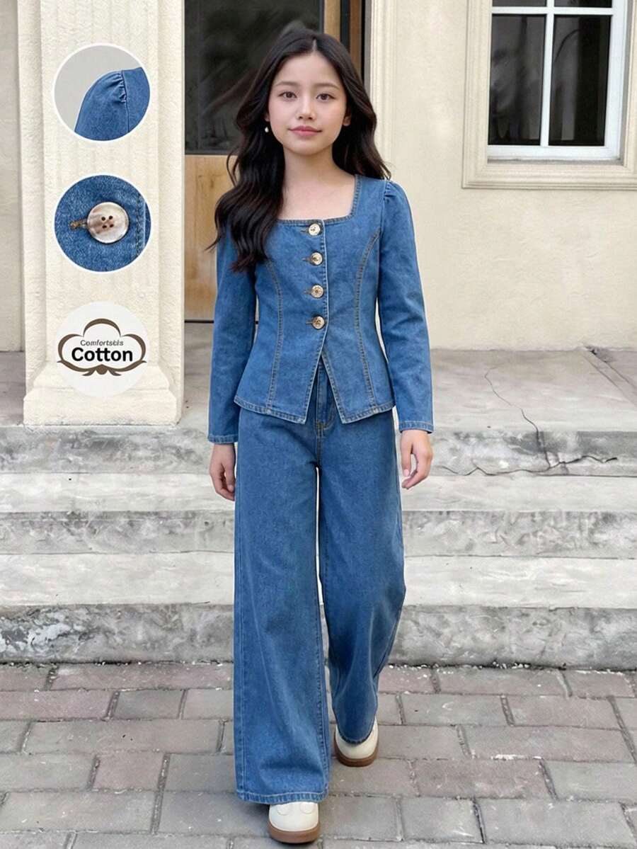 Serisse Kids Tween Girls' Crew Neck Solid Color Raglan Sleeve Front Button Denim Outfit