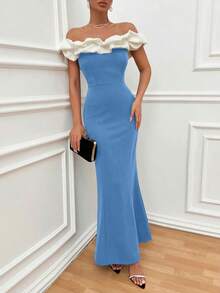 EURMUSE Vestido ajustado con hombros descubiertos y volantes de dos tonos, vestido elegante - Azul - Ver 5