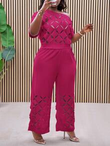 Slaydiva 大码不对称肩部刺绣花卉优雅轻盈两件套，居家办公两件套，镂空细节，女士职业装，工作服 - 玫紅色 - 查看 6