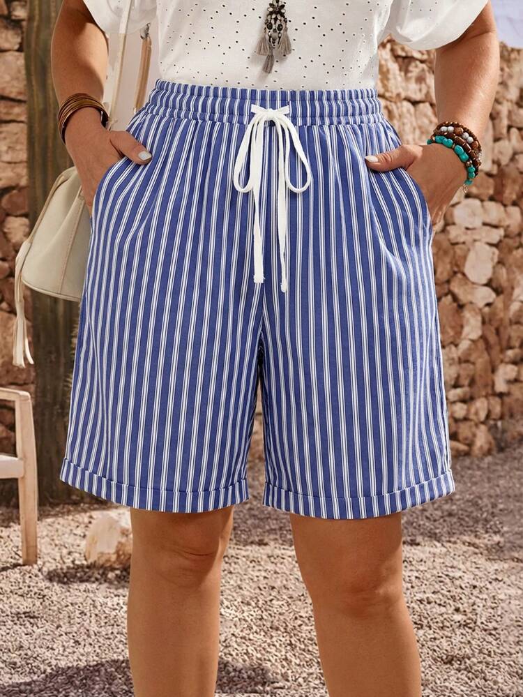 Plus Size Women Summer Casual Vacation Daily Commute Striped Print Drawstring Waist Side Pockets Loose Shorts Vacation Outfits Women Holiday Outfits For Women Beach Vacation Outfits For Women Women Summer Shorts Blue Striped Shorts Casual Shorts For Women