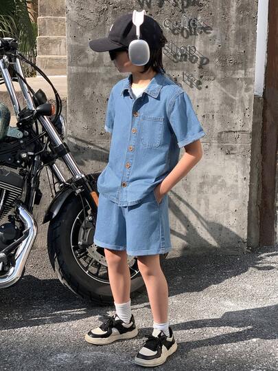 2Pcs Tween Boy Fashion Casual Vintage Cool Street Blue Denim Short-Sleeved Shirt Top And Loose-Fitting Comfortable Denim Shorts Set Of Two Pieces For Kids Clothes Tween Boy Dailywear And Kids Spring To Summer Rave Outfits Festival And Outfits Streetwear Clothes