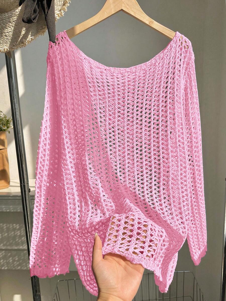 SHEIN EZwear 大码女式针织休闲度假纯色半透明毛衣，秋季款 - 粉色 - 查看 1
