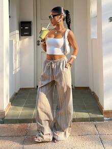 Muchica New Women's Yellow Striped Cotton-Linen Knit Drawstring Casual Pants, Perfect For Summer Beach Vacations. - Multicolor - View 5