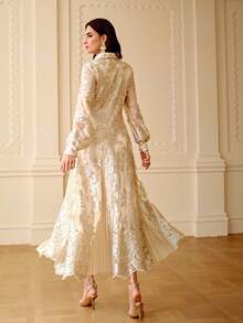 ZEYLAH Embroidered Elegant Romantic Extra Long A-Line Dress, Spring/Summer - Apricot - View 3