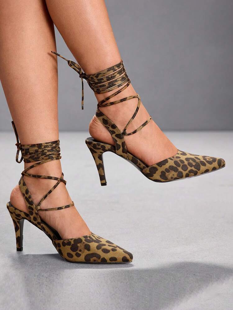 CUCCOO SZL Women's Leopard Print Pointed Toe Lace-Up Design Fashionable High Heels, Versatile For Daily Wear Valentine's Day