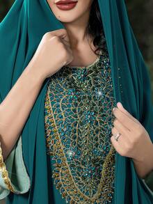 Layrah Chiffon Contrast Color Handmade Rhinestone Decorated Arabian Robe With Headscarf Formal Elegant Party Uxury Evening Dresses Wedding Party Dress Turquoise Teal Dresses For Women - Multicolor - View 6