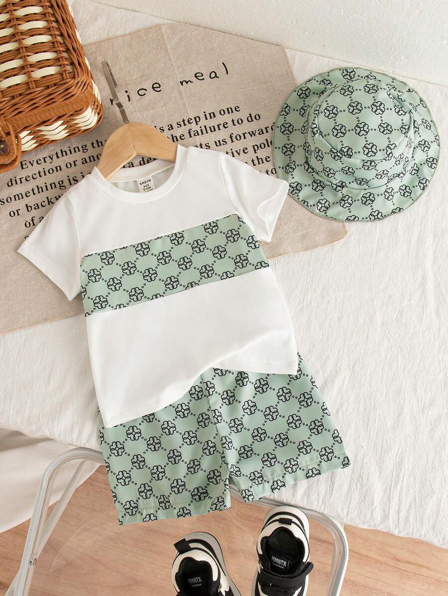 SHEIN Playful Pals 3件組男嬰幼童套裝復古花卉印花拼接上衣長褲帽子套裝 夏季休閒黑白城市短途旅行出遊度假適用所有場合