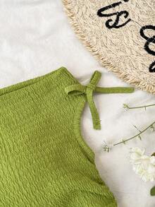 少女休闲优雅度假风提花单肩褶皱短款T恤上衣 - 綠色 - 查看 3