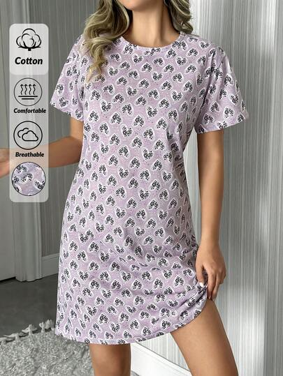 EURMUSE Women Cotton Round Neck With Leopard Heart Pattern Short Sleeved Comfort Nightgown Homewear Sleep Dress Heart Print Dress Womens Nightdress Loungewear Dress Pajama Dress Women Sleep Dress Women Pajama Dress Night Gowns Woman