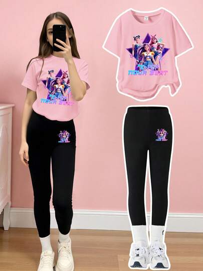 2pcs/Set KPOP Graphic Print Top, Tween Girl Crew Neck Sweatshirt And Leggings Set, Fashionable Casual, Suitable For Autumn/Winte