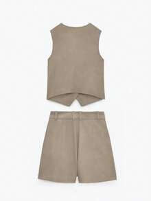 女士休闲通勤纯色背心和短裤两件套