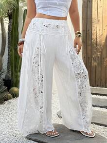 Sunnyshic Pantalones anchos de uso diario de talla grande para mujer con diseño de encaje y lazo, versátiles y de moda - Albaricoque - Ver 4