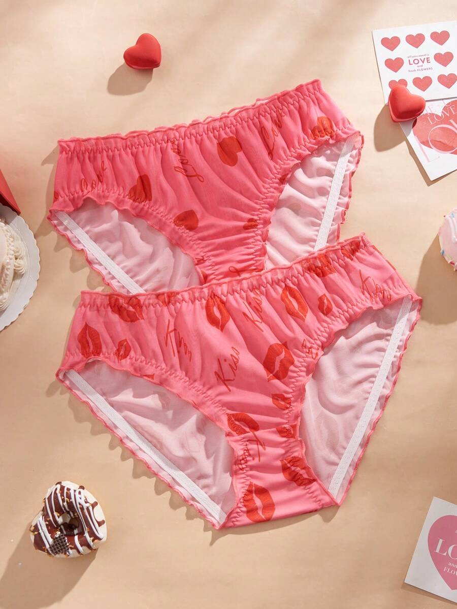 Eraneu 2条装女士粉色嘴唇和爱心图案荷叶边内裤，情人节 - 紅色 - 查看 1