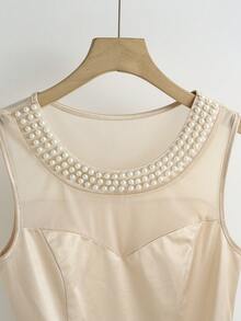 SHEIN Chic Pearl Detailed Cold Shoulder Tank Top Regular Length Champagne Blouse - Champagne - View 4