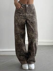 DAZY Women's Leopard Print Slant Pocket Casual Versatile Jeans - Brown - View 2