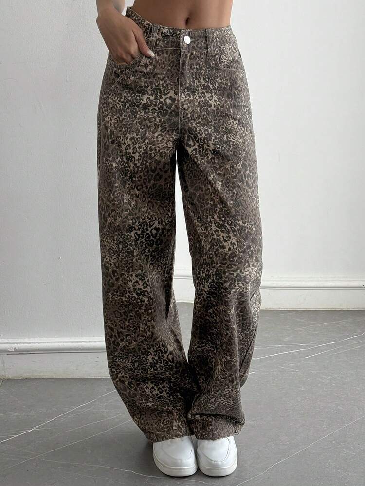 Women's Leopard Print Slant Pocket Casual Versatile Jeans