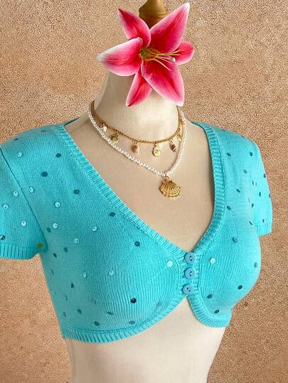 Elamini Women's V-Neck Sequin Patchwork Single-Breasted Cropped Casual Everyday Wear Short Sleeve Cardigan