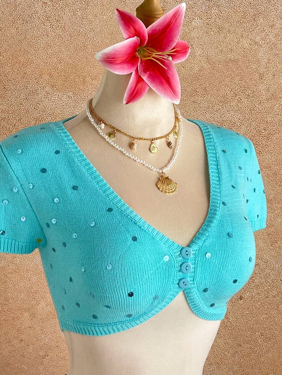 Elamini Áo khoác cardigan ngắn tay dáng lửng cổ chữ V đính sequin phối nhiều mảnh dành cho nữ, thích hợp mặc hàng ngày, kiểu dáng thường ngày. - Màu xanh lam - Xem 1