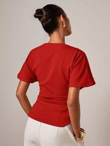 COSMINA 女士优雅褶皱圆领T恤，适合所有季节 - 紅色 - 查看 2
