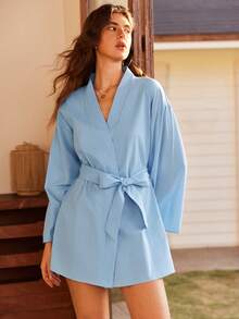 Women's Bohemian Casual Vacation Loose Comfortable Woven Tie-Front Flare Sleeve Long Sleeve Robe, Blue - Blue - View 6