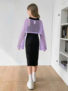 SHEIN Bộ 2 món gồm váy dài cổ tròn màu trơn dáng ôm dành cho bé gái tuổi teen, kiểu dáng thường ngày, kèm áo khoác lưới rộng, thích hợp đi học, phong cách ngọt ngào và cá tính, dạo phố. - Màu tím hoa cà - Xem 3