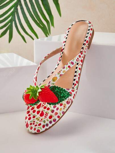 SHUZIA Women's Casual Comfortable Strawberry Ornament Thong Style Flat Sandals
