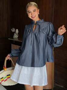 Livesso Loose Fit Tie Front Denim Blouse For Women - Blue - View 4