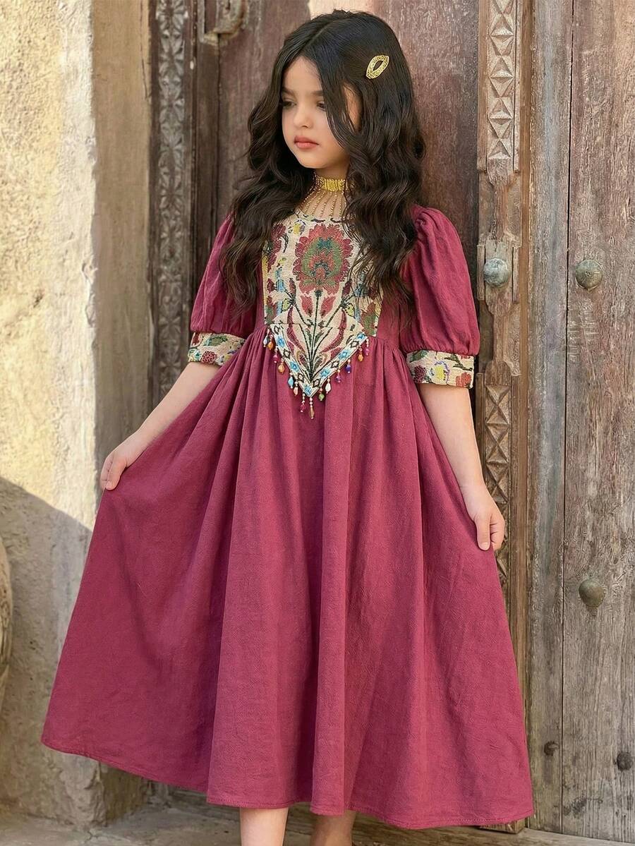 SHEIN Young Girl Purple Summer Party Al-Adha Dress,Floral Print Patchwork Jalabiya,Traditional Round Neck Puff Sleeve Arabian Robe,Mom & Daughter Kaftan - Red - View 1